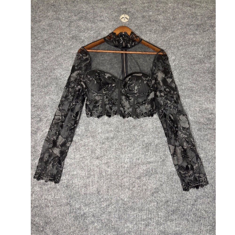 Black Sheer Floral Lace Long Sleeve Crop Top with High Neck